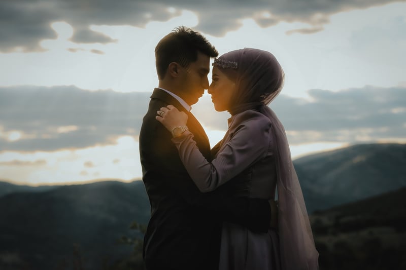 Playful wedding couple